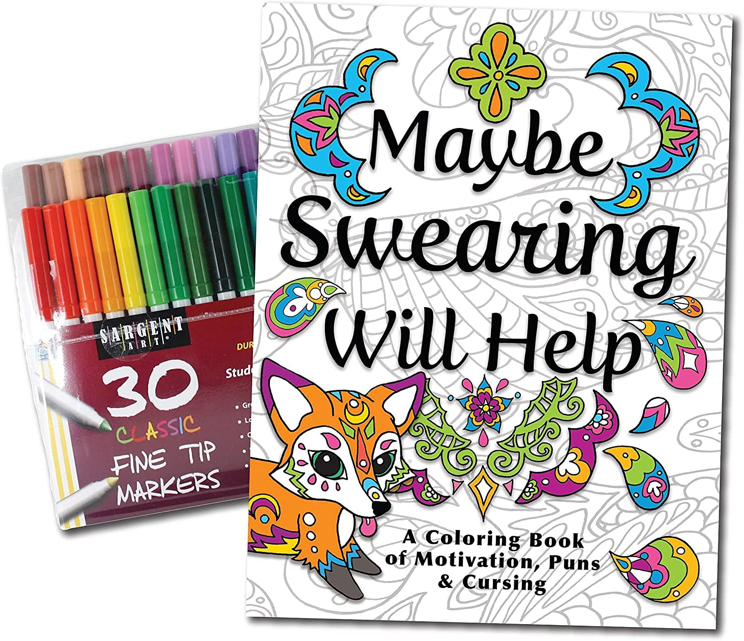 Maybe Swearing Will Help Adult Coloring Book Set - for Adults Relaxation  with 30 Markers in a Case - Motivational Swear Word Anxiety Relief - Color  Cuss & Laugh Your Way to Less Stress